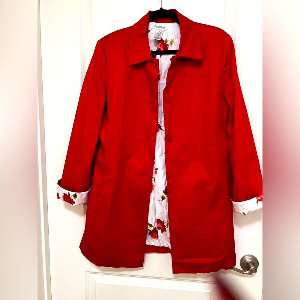 Red Trench Style Coat Floral Print Lining